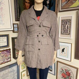 naivelinen Patchouli 13 100% Linen Brown Plaid Lady-Style Trench Coat Size 2X